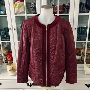 Chico's Burgundy Quilted Velvet Embroidered Barn Jacket